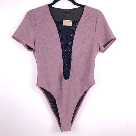 Love J Sparkle Purple Short Sleeve body suit with cross cross ribbon front- NEW - Picture 1 of 14